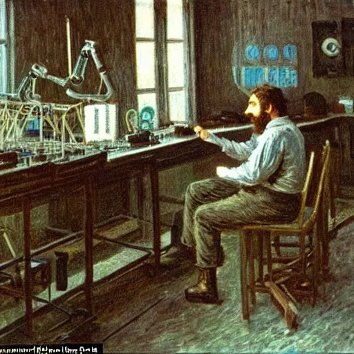 Image similar to a young man with brown hair and short beard building a robot in his lab in berlin by monet