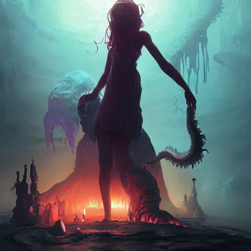 Prompt: young novice witch summoning a monstrous horror from the abyss 4 k high definition artstation trending path traced contrast light and dark colorful bokeh massive scale cinematic breathtaking lovecraftian horror fantasy, art by wlop, mars ravelo and greg rutkowski