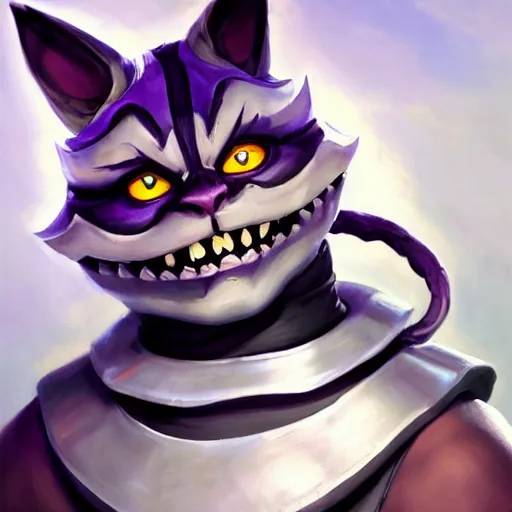 Image similar to greg manchess portrait painting of partially armored cheshire cat from alice in wonderland as overwatch character, medium shot, asymmetrical, profile picture, organic painting, sunny day, matte painting, bold shapes, hard edges, street art, trending on artstation, by huang guangjian, gil elvgren, ruan jia, randy vargas, greg rutkowski