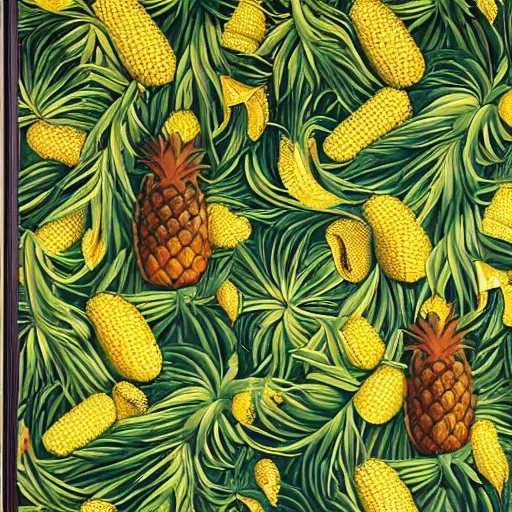 Image similar to pineapples and bananas in the jungle by kehinde wiley