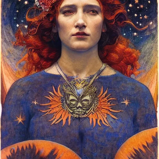 Image similar to queen of the moon with stars in her hair, by annie swynnerton and tino rodriguez and nicholas roerich and jean delville and donato giancola, dramatic lighting, floral tattoos, rich colors, smooth sharp focus, extremely detailed, adolf wolfli