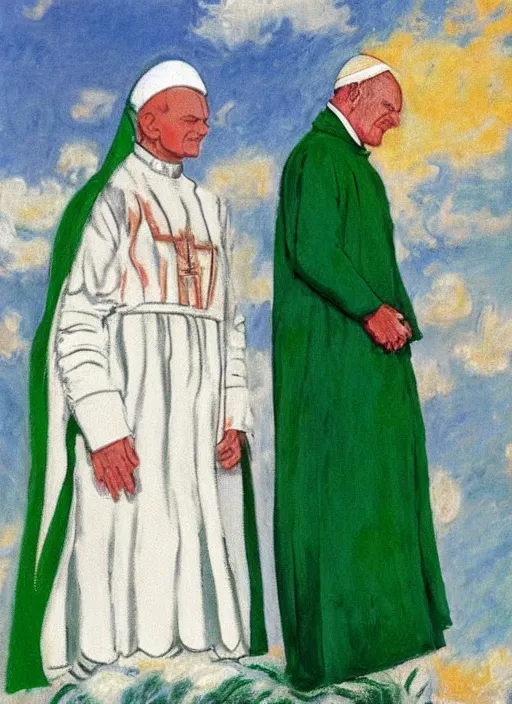 Prompt: turban and shoulder pads with cape wearing john paul ii as piccolo from dragon ball z by claude monet