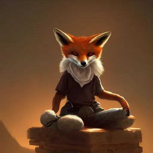 Prompt: an anthropomorphic fox wearing a t-shirt and leans, sitting on a couch, 8k resolution matte fantasy painting, cinematic lighting, DeviantArt, Artstation, Jason Felix Steve Argyle Tyler Jacobson Peter Mohrbacher