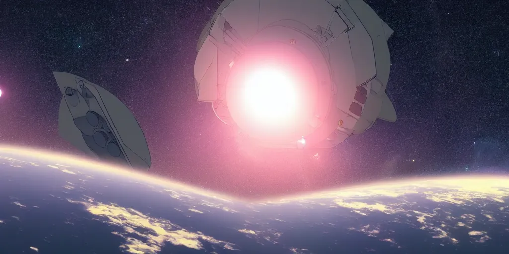 Image similar to a spacecraft moving towards earth by moebius and makoto shinkai, cinematic composition, wide shot