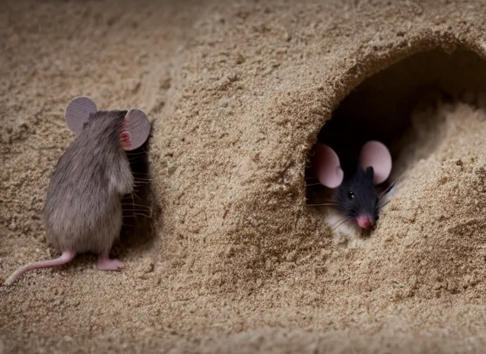 Image similar to dslr photo still of a mouse inside a sand castle, 8 k, 8 5 mm f 1. 4