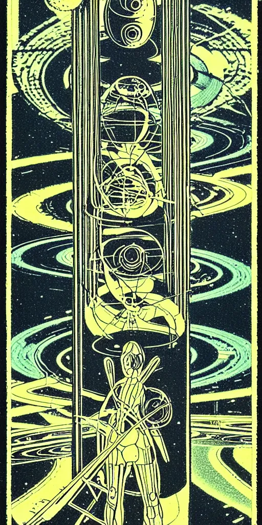 Prompt: 1968 science fiction tarot card, cut out collage, Jugendstil, xerox punk, spring on Saturn, epic theater, deep sea, mountain plants, nouvelle vague, drawings in part by moebius, part by Ernst Haekl, text by William S Boroughs, composition by bauhaus