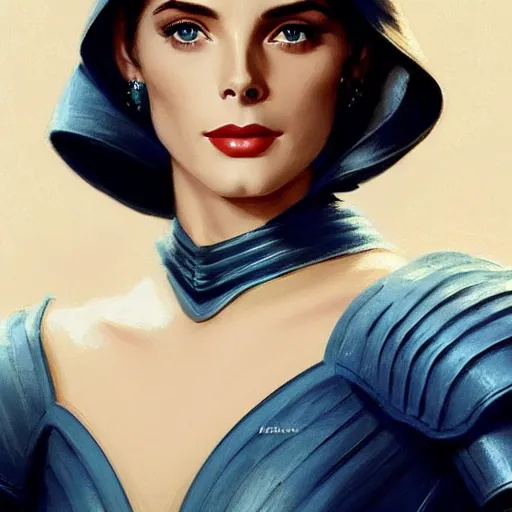 Image similar to Ashley Greene's face combined with Grace Kelly's face with short dark blue hair in elegant knight's armor, western, D&D, fantasy, intricate, elegant, highly detailed, digital painting, artstation, concept art, matte, sharp focus, illustration, art by Artgerm and Greg Rutkowski and Alphonse Mucha