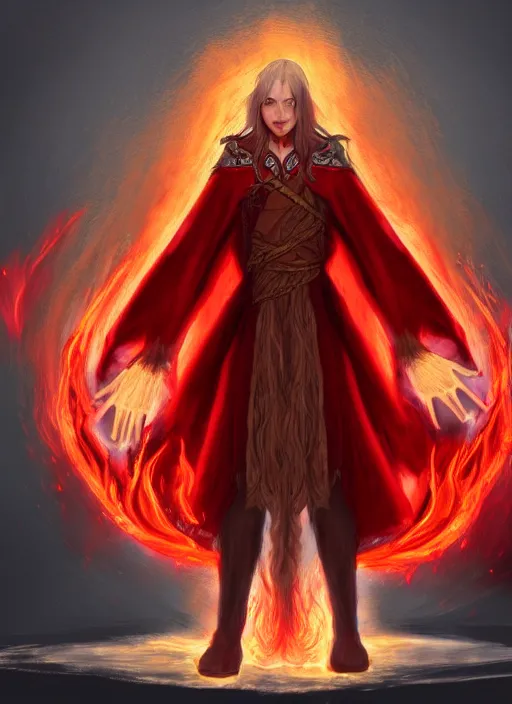 Image similar to Half-body portrait of a scarred elven fire mage in red and gold robe with flaming hands. In style of Hyung-tae Kim, concept art, trending on ArtStation, Korean MMORPG.