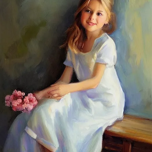Prompt: Swedish girl in nightgown, painting by Vladimir Volegov,