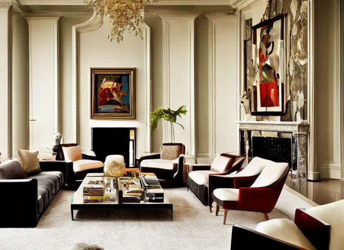 Prompt: a high end luxury living room designed by john chamberlain, interior design magazine photography