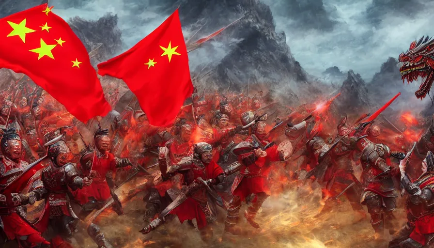 Prompt: mid shot cinematic artwork of President Xi with glowing red eyes on a Chinese dragon above an army of ancient Chinese warriors wearing red armor and holding red flags by greg rutowski, masterpiece, 4k