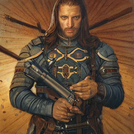 Prompt: templar holding a handgun sideways, by donato giancola.