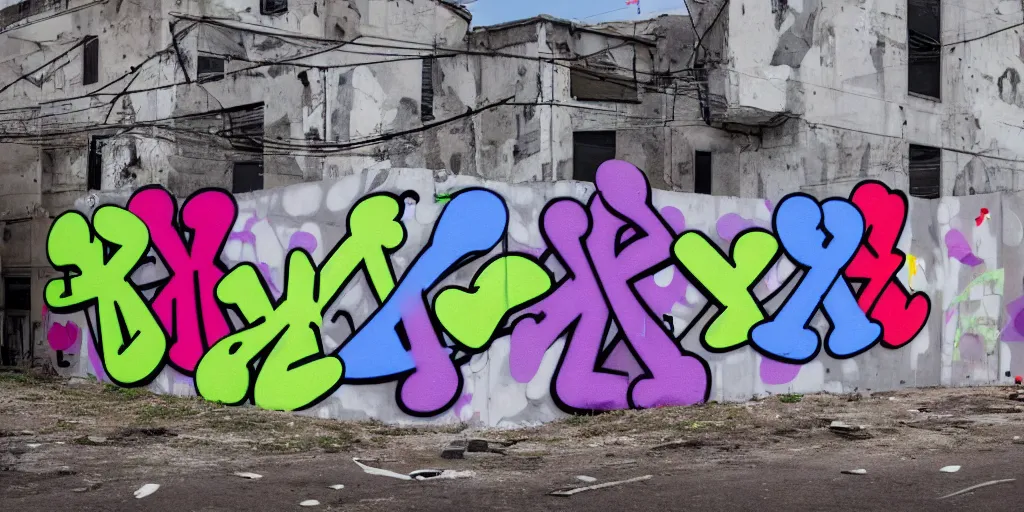 Prompt: kaws graffiti in abandoned city