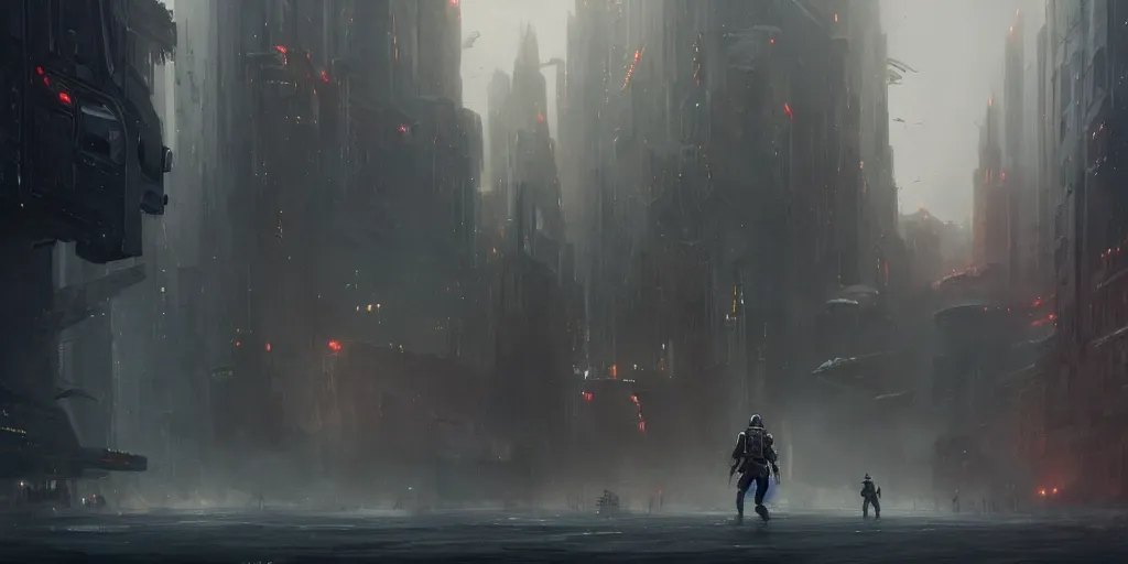 Image similar to a painting of a cinematic keyframe of a star wars mysterious boba fett walking into a cinematic landscape city, heavy atmosphere and smoke by greg rutkowski, rule of thirds, golden ratio, ambient lighting, wlop, artgerm, artstation, highly detailed masterpiece, dark fantasy art, high detail, trending on artstation