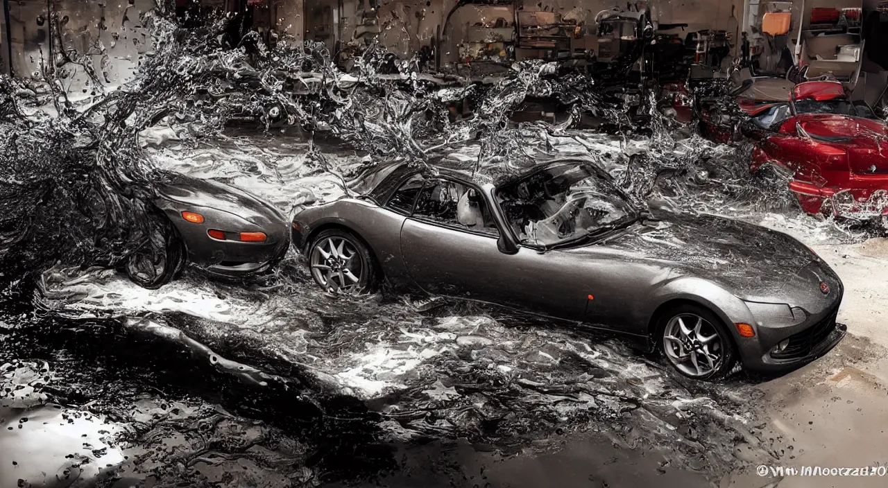 Image similar to mazda miata drowning in motor oil, realistic, detailed, contrast, 4 k