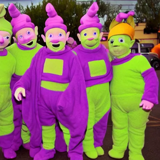 Image similar to Dwarfs dressed as Teletubbies acidwave