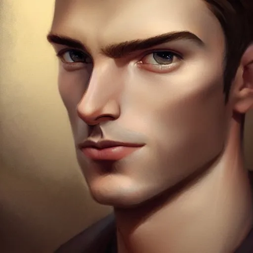 Prompt: tall man in his twenties with brown blond short quiff hair and thin round facial structure with cleft chin, straight eyebrows and prominent nose, good definition of cheekbones, big hazel nut brown eyes, narrow face, atmospheric lighting, painted, intricate, 4 k, highly detailed by charlie bowater
