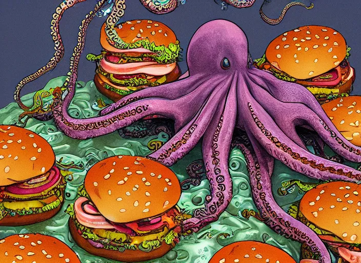 Image similar to a beautiful ultra detailed fine art illustration of an octopus holding many burgers, tentacles wrapped around burgers, artstation, 8 k