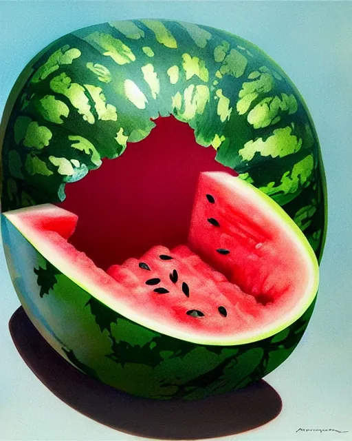 Image similar to a watermelon womb, baby in a transparent womb made of watermelon, gestation inside a watermelon, transparent, highly detailed, digital painting, artstation, concept art, smooth, sharp focus, illustration, art by artgerm and greg rutkowski and alphonse mucha