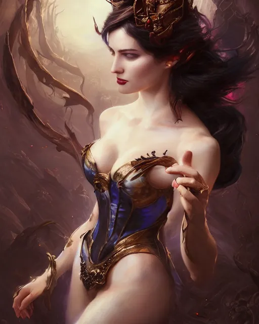 Image similar to daniel gerhartz and artgerm detailed portrait digital rococo painting of a beautiful villainess wearing fantasy clothing like liliana vess, evil mood, hellish battlefield in the background, embers, unreal engine, hyper realism, realistic shading, cinematic composition, blender render, octane render, hdr, detailed textures, photorealistic, ultrawide shot, 3 5 mm film