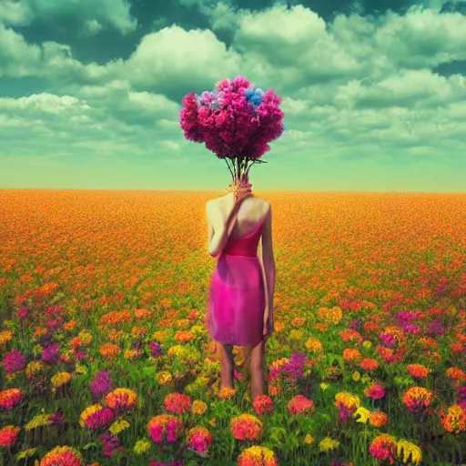 Image similar to woman with a flower head standing in flower field, surreal photography, photo manipulation, sunrise, impressionist painting, colorful clouds, artstation, simon stalenhag