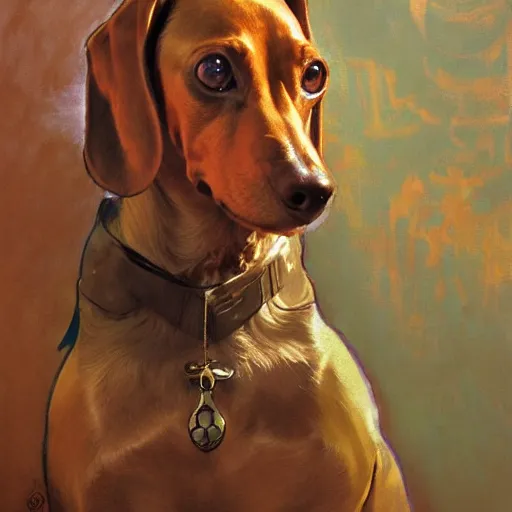 Prompt: The great Dachshund, art by Craig Mullins, Simon Bisley, Gregory Manchess, Fernanda Suarez, Artem Demura, Alphonse Mucha, Donato Giancola, Jason Felix, Steve Argyle, Tyler Jacobson, Peter Mohrbacher, trending on artstation, digital art