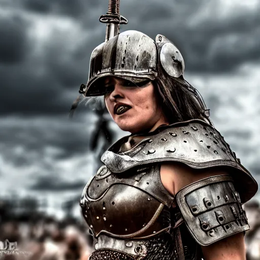 Prompt: steam punk gladiator wearing armor in the arena, shallow depth of field, moody lighting, 8 k,