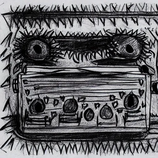 Image similar to very simple ballpoint pen line drawing of a furnace with spiky toothed demons around it, pen on paper simple drawing by a child, no shading