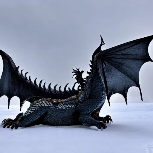 Image similar to a fearsome and beautiful western dragon sitting in the snow with a powerful stature, 8k, detailed, award winning