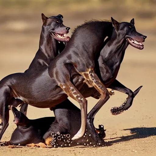 Image similar to National Geographic photo of horse full of octopus being eaten by African hunting dogs