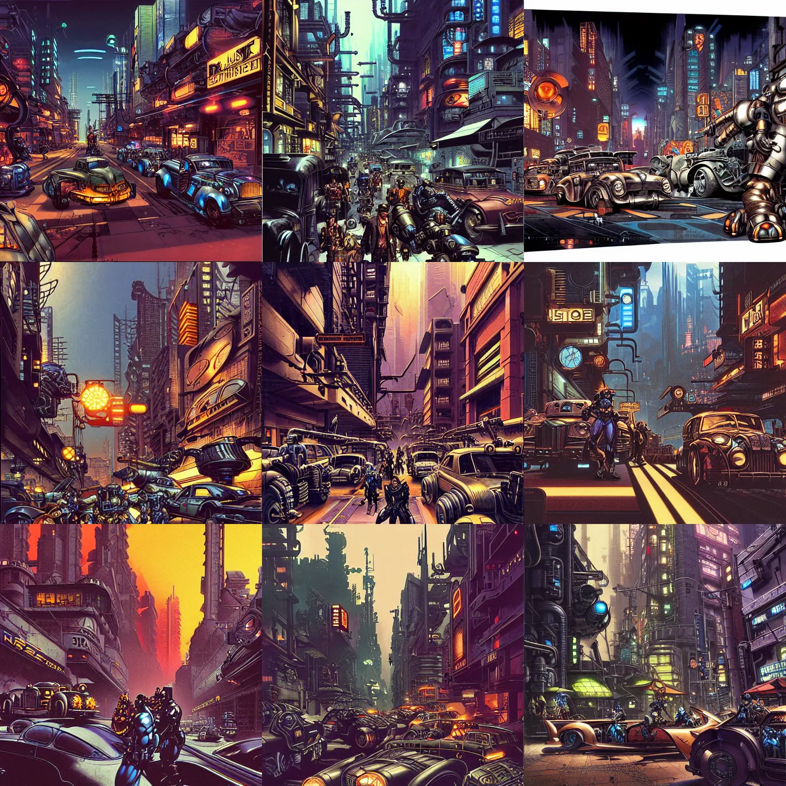 Prompt: retrofuturistic dieselpunk city street, a few cyborgs and batman, detailed, intricate, realistic, octane rendered, art by syd mead, terada katsuya, joe madureira