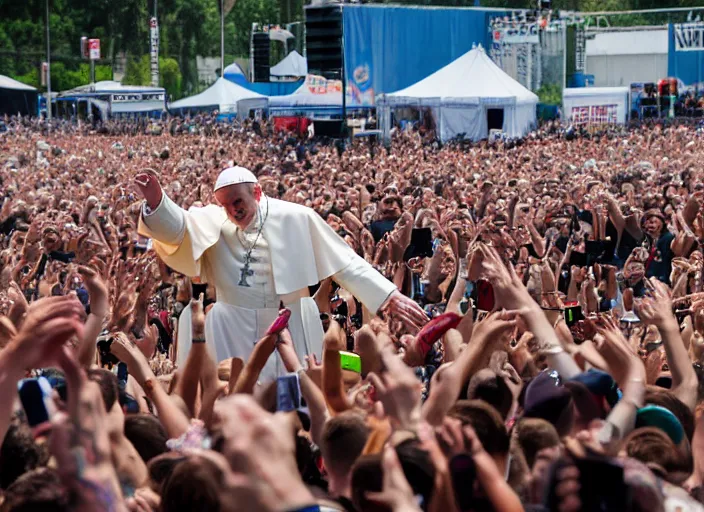 Image similar to photo still of pope francis at the vans warped tour!!!!!!!! at age 3 6 years old 3 6 years of age!!!!!!!! stage diving into the crowd, 8 k, 8 5 mm f 1. 8, studio lighting, rim light, right side key light