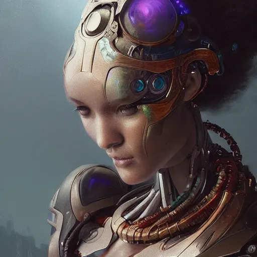 Image similar to a beautiful portrait of a robot goddess, a detailed painting by greg rutkowski and raymond swanland, featured on cgsociety, fantasy art, detailed painting, artstation hd, photorealistic