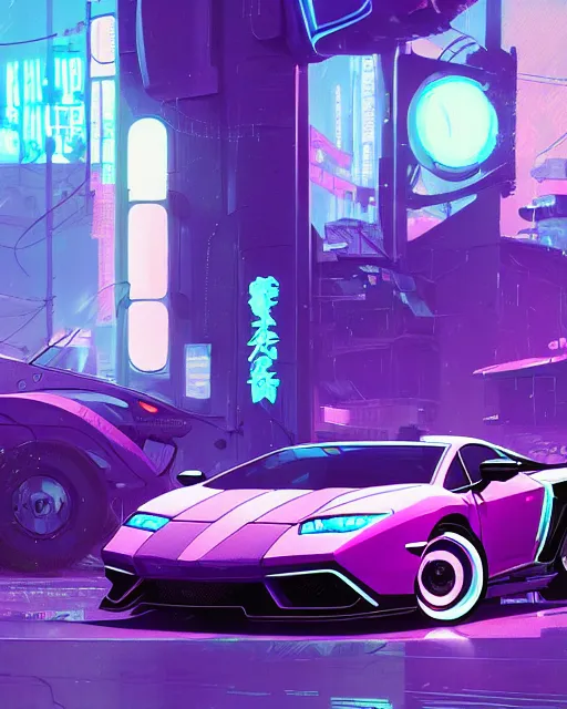 Prompt: digital illustration of cyberpunk pretty girl with blue hair, looking at a purple lamborghini, in junkyard at night, by makoto shinkai, ilya kuvshinov, lois van baarle, rossdraws, basquiat