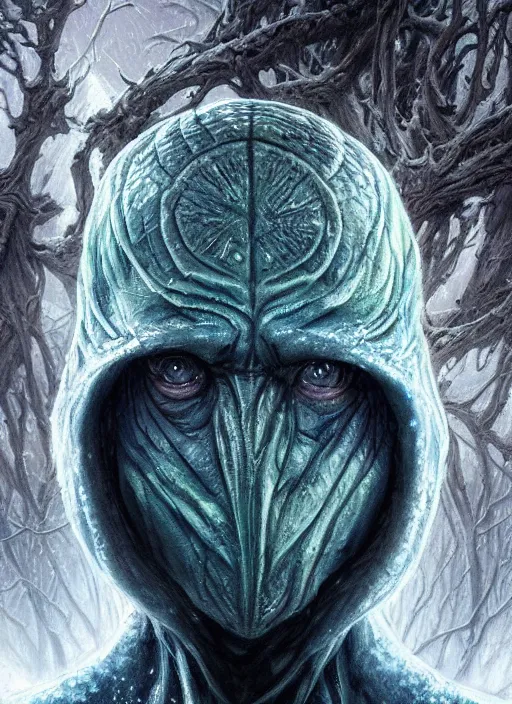 Image similar to frozen snow mf doom reptile eyes, blue frozen skin. intricate, elegant, highly detailed, centered, digital painting, artstation, concept art, smooth, sharp focus, illustration, artgerm, tomasz alen kopera, peter mohrbacher, donato giancola, joseph christian leyendecker, wlop, frank frazetta