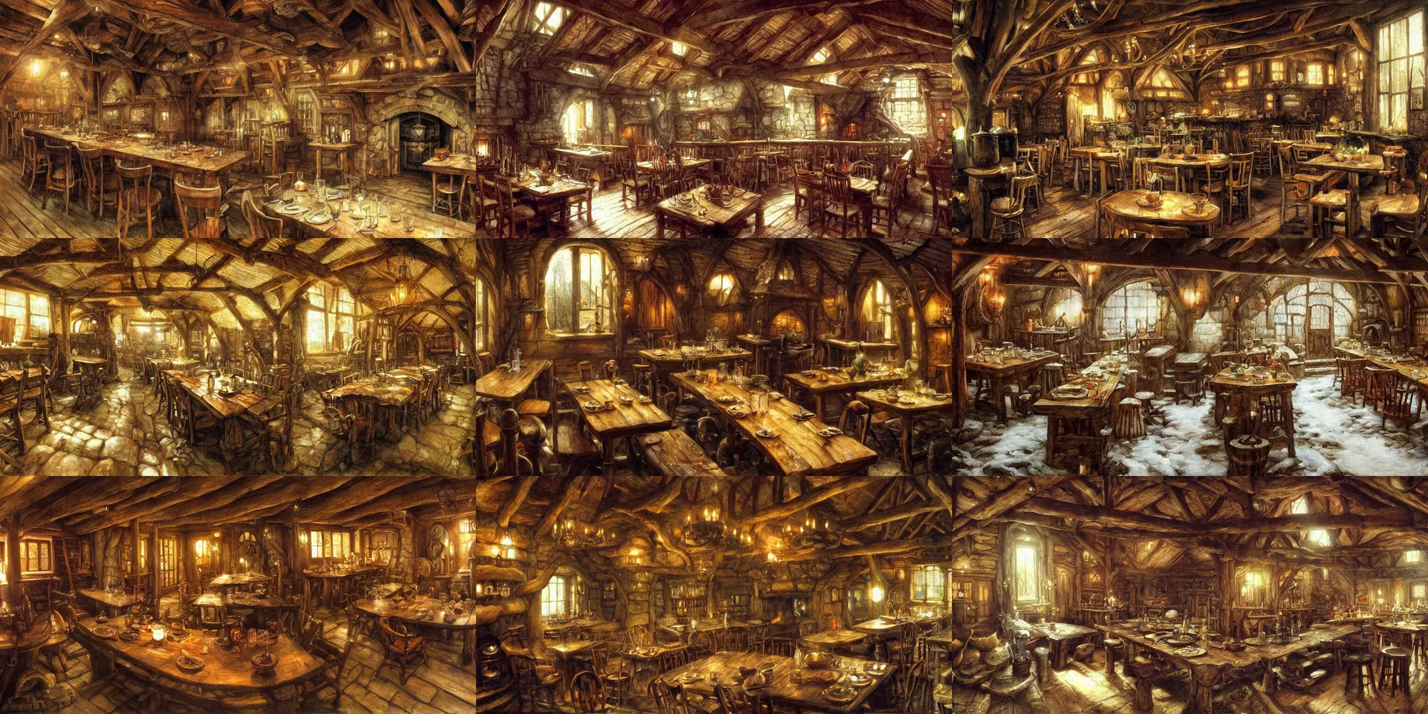 Prompt: interior of a hobbit tavern, long tables are set, beer mugs and glasses cover the tables, by alan lee, art station, dust flickers in beams of light from the windows, finely detailed wooden furniture, warm colors, roaring fireplace, snowfall outside via large windows, oil painting