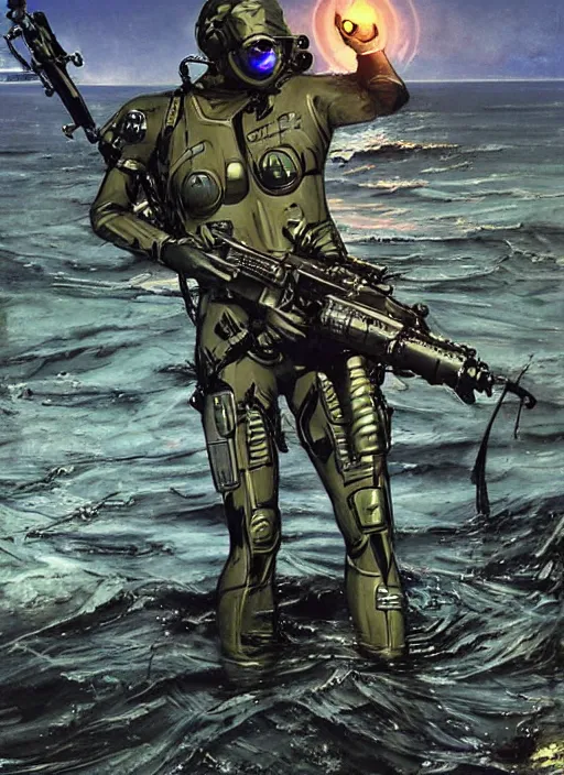 Image similar to black cat. USN blackops operator emerging from water at the shoreline. Operator wearing Futuristic cyberpunk tactical wetsuit and looking at an abandoned shipyard. Frogtrooper. rb6s, MGS, and splinter cell Concept art by James Gurney, Alphonso Mucha. Vivid color scheme.