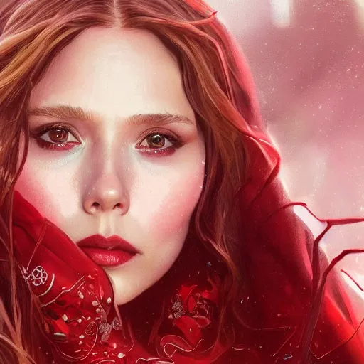 Image similar to ultra realistic illustration, elizabeth olsen as scarlet witch, intricate, elegant, highly detailed, digital painting, artstation, concept art, smooth, sharp focus, illustration, art by artgerm and greg rutkowski and alphonse mucha