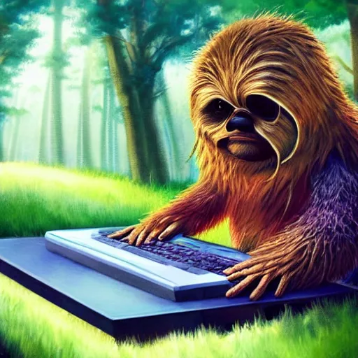 Image similar to studious ewok typing on a computer in the forest, artstation, colorful