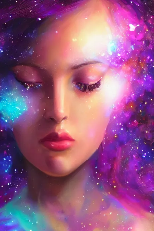 Image similar to one super realistic beautiful young womans face, magical, space stars and planets in her hair, windblown, intricate, synth-wave, retrowave, colorful, highly-detailed, elegant, dramatic lighting, gorgeous face, lifelike, photorealistic face, long luxurious intricate gown, digital painting, artstation, illustration, concept art, smooth, sharp focus, art by Jude Palencar, John Collier, artgerm, and Albert Aublet and Krenz Cushart and Artem Demura and Alphonse Mucha