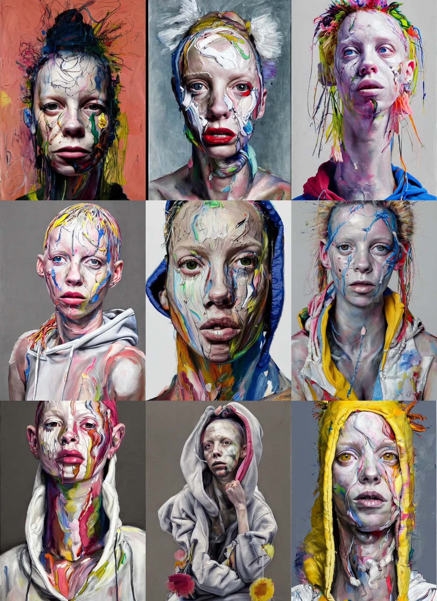 Prompt: painting by jenny saville of yolandi visser wearing a hoodie standing in a township street in the style of jenny saville, street clothing, haute couture fashion, full figure painting by jenny saville, decorative flowers, 2 4 mm, die antwoord