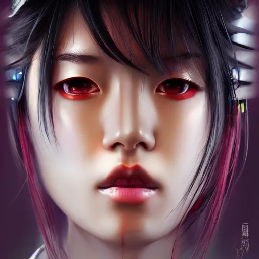 Image similar to portrait of beautiful japan cyberpunk geisha, by artgerm, nick silva, ja mong, greg rutkowsky, digital, soft painting, photorealism, skin reflections