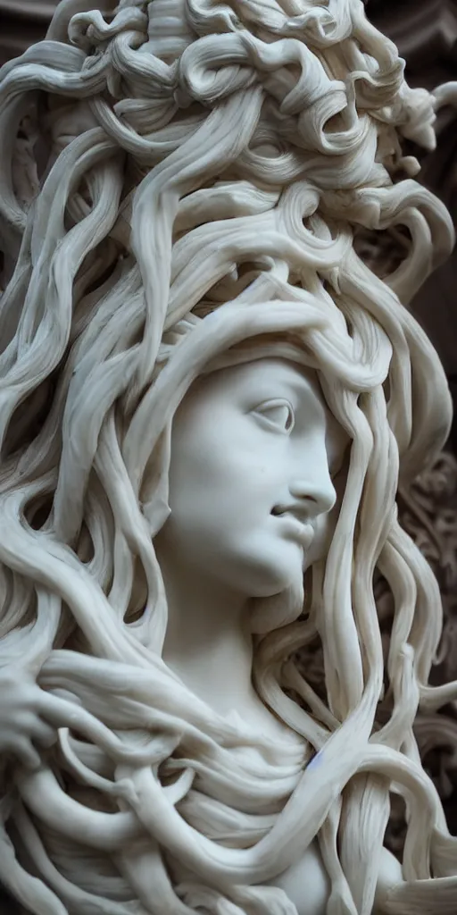 Prompt: statue of female medusa long hair, marble statue, beautiful delicate face, macro shot head, in the background a gothic marble cathedral, 2 4 mm architectural shot no decaying lines, arabesque glass windows intricate lines, ornate delicate alabaster architecture