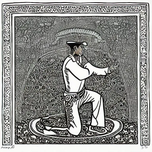 Prompt: mexican vaquero kneeling for prayer, arched borders, calligraphy, mosque dome shape, persian folklore illustration