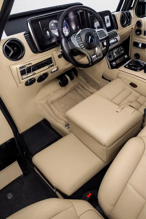 Prompt: Interior photo of a 2018 Mercedes-Benz G63, beige leather, highly detailed, natural light.