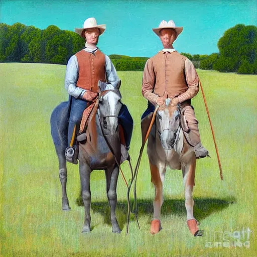 Image similar to two horses recreating the painting american gothic, by grant wood