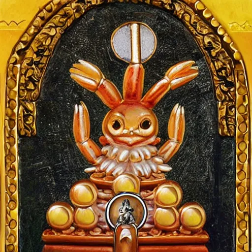 Prompt: all pray to the almighty hermitcrab religious iconography