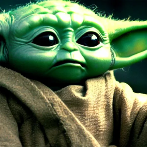 Image similar to A film still of Baby Yoda as a Jedi king realistic,detailed