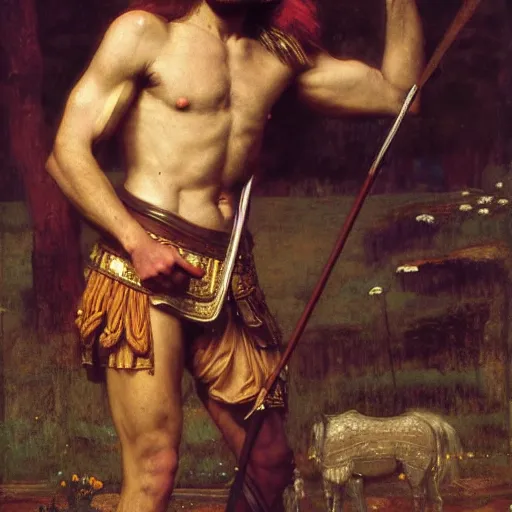 Prompt: Wikus, Centaur of the high glade. Half man half horse. Wearing Grecian armor. Orientalist portrait by john william waterhouse and Edwin Longsden Long and Theodore Ralli and Nasreddine Dinet, oil on canvas. Cinematic, hyper realism, realistic proportions, dramatic lighting, high detail 4k