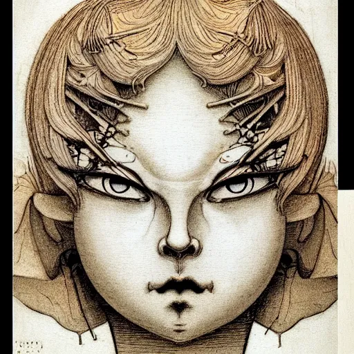 Image similar to prompt: Fragile looking vessel portrait face drawn by Katsuhiro Otomo, inspired by Carlo Dolci, magical and alchemical objects on the side, soft light, white background, intricate detail, intricate ink painting detail, sharp high detail, manga and anime 2000